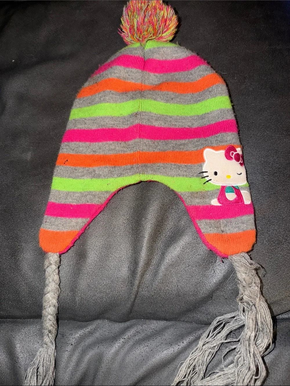 OSFM Hello Kitty Neon Stripe Earflap Beanie - Pink, Orange, Lime, Gray